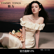 糖力【商場(chǎng)同款】夏新款泡泡云朵連衣裙女打攬一字肩長(cháng)裙 杏色 S