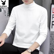 花花公子（PLAYBOY）男士長(cháng)袖t恤男長(cháng)袖內搭半高領(lǐng)打底衫純色白色上衣服中領(lǐng)小衫棉體 M06白色 L (適合100-120斤)