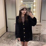 OHMMAYBY紅色水貂絨毛衣開(kāi)衫外套女加厚中長(cháng)款秋冬寬松慵懶溫柔軟糯毛茸茸 黑色【精品不掉毛】 S 建議75-100斤