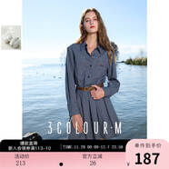 三彩2025秋款格紋襯衫式連衣裙長(cháng)袖收腰百褶短裙復古Miu系M 藏青色格紋 M 160/84A