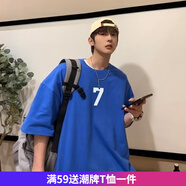 嘉曄短袖T恤新款圓領(lǐng)印花男女寬松ins休閑學(xué)生上衣港風(fēng)五分袖寬松短袖 kp2176彩蘭色 XL