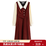 獨束大碼女裝假兩件撞色襯衫領(lǐng)連衣裙女秋冬微胖mm文藝復古穿搭裙子 勃艮第紅【適合160左右】 2XL