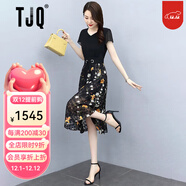 TJQ奢侈高檔品牌連衣裙女2025夏季新款小個(gè)子氣質(zhì)洋氣修身碎花裙子 黑色 M 【推薦105斤以下】