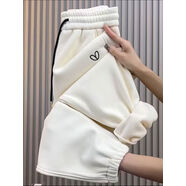 冬季新款奧麗絨加厚休閑褲女束腳百搭九分褲糖果色衛褲加絨運動(dòng)褲 米白色加絨 L L100-115斤