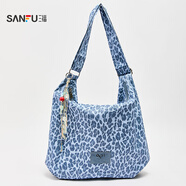 三福包包豹紋女斜挎包大容量大包女款單肩包通勤包包女式2025新款 藍色豹紋 大