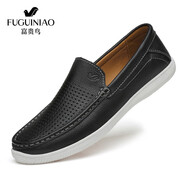 富貴鳥(niǎo)男鞋秋季保暖棉鞋男士真牛皮休閑皮鞋軟皮軟底英倫風(fēng)豆豆鞋 黑色 fg12040029鏤空款 41