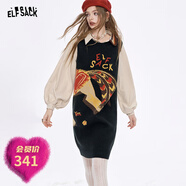 妖精的口袋小馬提花針織拼接連衣裙女2025冬季新款寬松顯瘦直筒裙 抓馬黑色 S