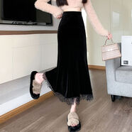 金絲絨魚(yú)尾裙半身裙女秋冬款百搭裙子中長(cháng)款高腰包臀裙A字裙潮冬 黑色 S  建議80-90斤