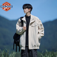 NEW OR MODE美式復古翻領(lǐng)pu皮夾克男秋季高級感潮牌大碼寬松痞帥男生外套男款 6651-米色 M 【建議90-110斤】