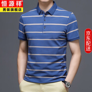 恒源祥短袖T恤男條紋翻領(lǐng)高端休閑絲光棉夏季中年半袖polo.衫上衣服男裝 MMSJ45-6819深藍 L 170