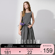 三彩2025夏季新款一字領(lǐng)格紋連衣裙無(wú)袖大擺長(cháng)裙A字裙復古M