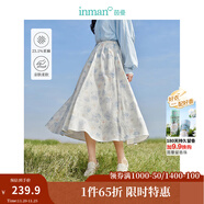 茵曼（INMAN）法式碎花高級感2025夏女新款休閑中長(cháng)吊帶連衣裙子 白底藍花半身裙-18412674 S