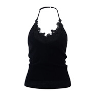 PYnkiSwear白色兔絨V領(lǐng)掛脖蕾絲花朵拼接吊帶背心上衣 可內搭外穿 黑色，現貨 S