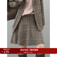COCOBELLA學(xué)院風(fēng)格紋毛呢半身裙女時(shí)尚荷葉擺氣質(zhì)A字短裙HS921 灰色格 L