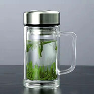 亞泰雙層玻璃杯帶把手柄泡茶杯辦公大容量加厚耐熱隔溫商用水杯 鋼蓋辦公把手杯380ml+杯刷南極奇