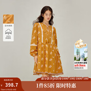 茵曼（INMAN）姜黃落日蕾絲刺繡連衣裙2026春季女裝新款度假風(fēng)流蘇系帶裙子 姜黃色 L