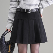 加厚百折毛呢裙子女2025冬季新款高腰顯瘦百褶韓版a字短裙半身裙 黑色 L