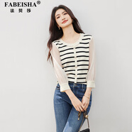 法貝莎品牌法式木耳邊條紋針織衫女2025秋季新款歐根紗拼接長(cháng)袖上衣 黑白條紋 L  (110-120斤)