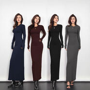 棉羅紋高品質(zhì)卡戴珊純色圓領(lǐng)長(cháng)袖連衣裙修身包臀顯瘦長(cháng)裙女 黑色270克棉磨毛 S S