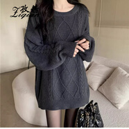 孜茜秋冬新款羊毛衫女中長(cháng)款純羊毛加厚毛衣慵懶風(fēng)復古麻花套頭針織衫 灰色 均碼