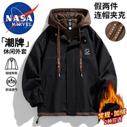 NASA MARVEL夾克男春秋季連帽假兩件透氣時(shí)尚防風(fēng)寬松情侶裝 黑色 L