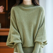 kangnai慵懶風(fēng)羊毛一字領(lǐng)針織衫長(cháng)袖毛衣外套新款寬松蝙蝠袖女上衣 抹茶色 M