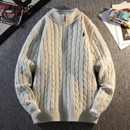 費洛仕秋冬季半拉鏈絞花套頭針織衫洋氣麻花毛衣男刺繡戰馬打底衫潮上衣 99961米白 XL （130-150斤