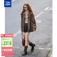 唐獅（TonLion）2025秋女翻領(lǐng)格子拼接前胸小細節仿皮衣短款外套