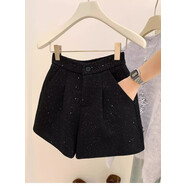 女式秋冬短褲大碼毛呢小香風(fēng)高腰短褲女2025秋冬新款a字氣質(zhì)闊腿 黑色 2XL