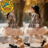 G.duck女童秋冬洛麗塔加絨連衣裙小女孩感英倫風(fēng)洋氣生日蓬蓬裙 A89灰色格子 加絨加厚 140