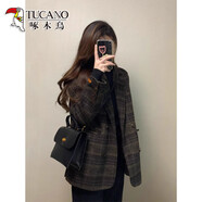 啄木鳥(niǎo)感大碼復古格子西裝呢子外套女秋冬季小個(gè)子韓版短款毛呢大衣 格子外套 L 建議101-120斤
