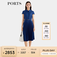 PORTS寶姿女裝春夏新款通勤襯衫領(lǐng)拼接百褶收腰短袖中長(cháng)連衣裙 丈青-1 M (6)