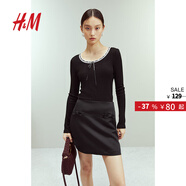 H&M女裝T恤2025秋季新款法式修身圓領(lǐng)蕾絲邊長(cháng)袖打底衫上衣1272126 Black XS 155/80