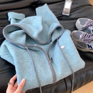 紫淑（Sweet basil）慵懶風(fēng)雙拉鏈連帽毛衣外套女秋季新款針織衫開(kāi)衫 藍色 均碼  建議80-120斤
