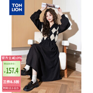 唐獅（TonLion）2024黑色v領(lǐng)拼接格紋連衣裙女復古針織格子裙氣質(zhì)長(cháng)裙 黑色 L 