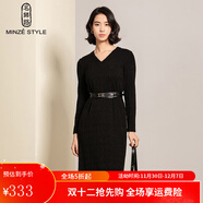 名師路V領(lǐng)針織連衣裙女冬季新款通勤甜美休閑套頭長(cháng)袖鉛筆裙 黑色 M