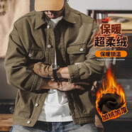 真維斯（Jeanswest）美式重磅純棉復古牛仔夾克男秋冬2025新款潮流休閑加絨工裝外套男 軍綠色【加絨款】 M 【適合100-130斤】