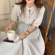 韓國chic夏季簡(jiǎn)約圓領(lǐng)小排扣撞色條紋系帶收腰五分泡泡袖連衣裙女 圖片色 均碼 均碼