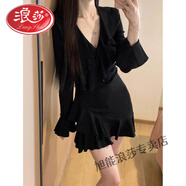 浪莎純欲風(fēng)辣妹性感V領(lǐng)針織連衣裙女秋冬新款荷葉邊喇叭袖修身小黑裙 黑色短裙【優(yōu)質(zhì)版】 S【高級感穿搭小個(gè)子/歐美裙子/