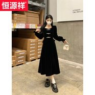 恒源祥新中式法式高級感絲絨連衣裙女秋冬胖mm收腰顯瘦紅色敬酒禮服跨年 黑色連衣裙（2025今年流行/海邊度假/法式/巨好 XL (建議120-140斤)