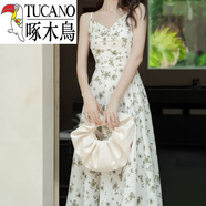 啄木鳥(niǎo)（TUCANO）法式碎花雪紡V領(lǐng)吊帶連衣裙仙氣超仙森系女早春海邊出游 花色吊帶 S 80-95斤