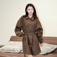 丹德蘭（Dandelan）定制面料 日常感的大方氣質(zhì) 綠咖色微皺肌理腰帶中長(cháng)款輕薄風(fēng)衣 褐色 M