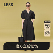LESS夏季通勤感休閑短袖中長(cháng)腰帶連衣裙V領(lǐng)棉質(zhì)職場(chǎng)長(cháng)裙2O4G10710 001本黑 XS