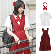 藤本日系JK制服正統基礎款中長(cháng)款卡奶裙背心護奶裙背帶連衣裙秋冬 65CM酒紅+短袖襯衫+領(lǐng)結 S _80-90斤