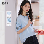 梵希蔓法式圓領(lǐng)短袖T恤女夏季新款繡花鏤空正肩休閑上衣 雅藍色   M   