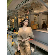 稻煥實(shí)拍甜美溫柔風(fēng)V領(lǐng)蝙蝠袖針織衫女秋冬新款收腰顯瘦打 卡其色 均碼