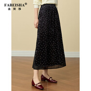 法貝莎品牌法式千金光澤感絲絨半身裙女秋冬高腰網(wǎng)紗拼接中長(cháng)款A字裙 赫本黑 S