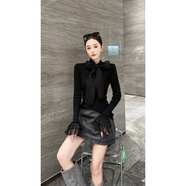 小紅書(shū)洋派上衣女蝴蝶結釘珠歐洲站2025冬季新款百搭修身彈力 黑色 S