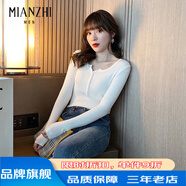 棉致秋冬ins嘻哈風(fēng)長(cháng)袖顯瘦針織打底衫紐扣毛衣修身緊身上衣短款上衣 白色 均碼