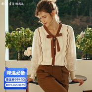 Olrain歐芮兒奶杏色毛衣女初秋新款寬松復古系帶軟糯風(fēng)套頭衫 奶杏色 M